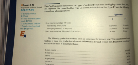 Problem 9-42 Preparation of Master Budget (LO 9-3, 9-4, 9-5) Fresh Pak Corporation manufactures two types of cardboard boxes