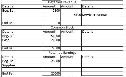 Details Deferred Revenue Amount Amount Details 5100 5100 Service revenue Beg. Bal End Bal. Details 0 Common Stock Amount Amou