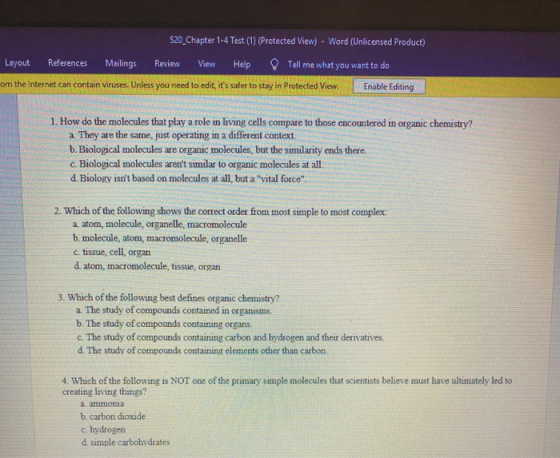 S20_Chapter 1-4 Test (1) (Protected View) - Word (Unlicensed Product) Layout References Mailings Review View Help Tell me wha