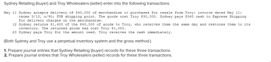 Sydney Retailing (buyer) and Troy Wholesalers (seller) enter into the following transactions. May 11 Sydney accepts delivery