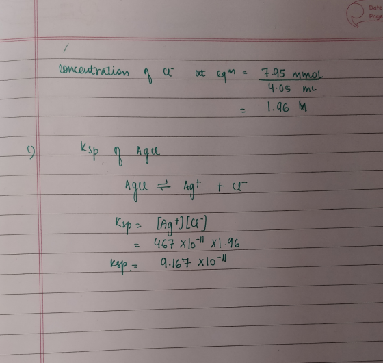 Date Page concentration of a at eam = - - 7.95 mmol 4.05 me 1.96 M Agu 7 Agt tu ksp= [Ag +) [ce] = 467 X10-98x1.96 Kap. 9.167
