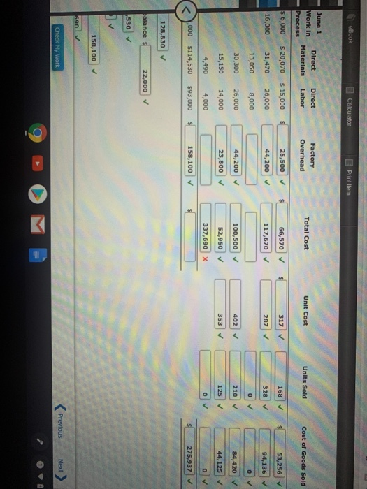 eBook Calculator Print Item Direct Direct Materials Labor Total Cost Overhead Unit Cost Units Sold cost of Goods Sold June Wo