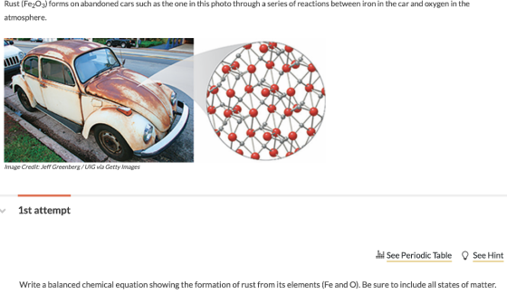 Rust (Fe2O3) forms on abandoned cars such as the one in this photo through a series of reactions between iron in the car and