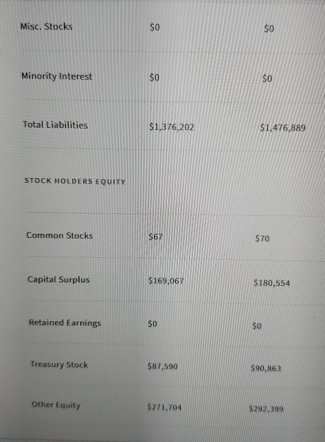 Misc. Stocks $0 $0 Minority interest $0 SO Total Liabilities $1,376,202 $1,476,889 STOCK HOLDERS EQUITY Common Stocks S67 $70