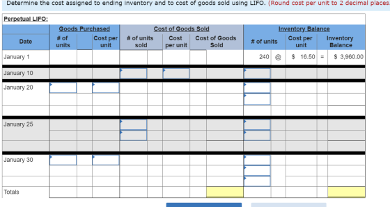 Determine the cost assigned to ending inventory and to cost of goods sold using LIFO. (Round cost per unit to 2 decimal place