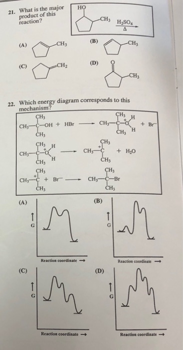 H 21. What is the major product of this reaction? H-SO 22. Which energy diagram corresponds to this mechanism? CH +Br ㄑㄧ-t.H. 。 CHy CH3 Reaction coordinate Reaction coordinate → Reaction coordinate → Reaction coordinate →