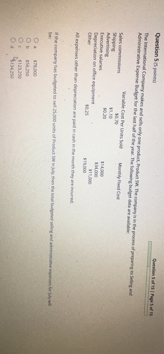 Question 5 of 15 | Page 5 of 15 Question 5 (5 points) The International Company makes and sells only one product, Product SW.