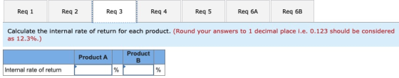 Req 1 Reg 2 Req3 Reg 4 Reg 5 Req 6A Req 6B Calculate the internal rate of return for each product. (Round your answers to 1 d
