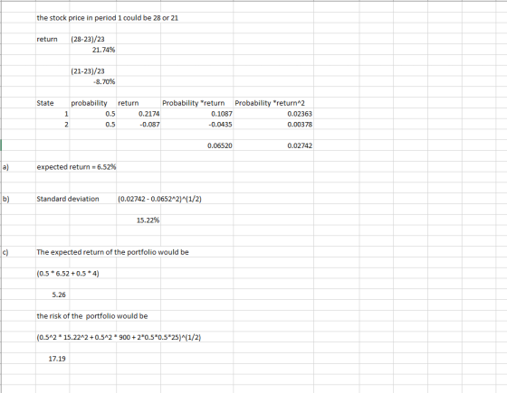 the stock price in period 1 could be 28 or 21 return (28-23)/23 21.74% (21-23)/23 -8.70% State 1 probability return Probabili