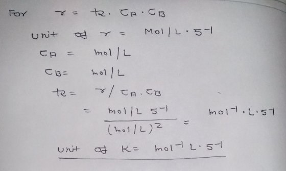 For r- . TA EIB unit of r = MollL.5-1 TA = mol/L CBF mol/L to= r/TA.T13 - moll2 57 molt. 2.5t (mol/L) 2 unit of k= molt 2.51