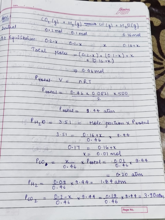 Genius om Initial a CO (g) + H₂ (g) - 0 • 2 mol 0.1 mol a 0.2- x o .1-xonad At requilibrum a w lgl + H₂O(g) t o x 0.16+2 A 0.