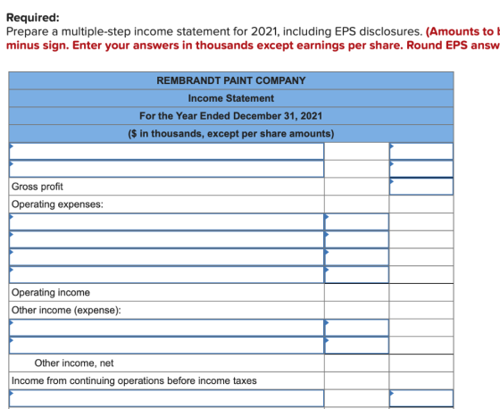 Required: Prepare a multiple-step income statement for 2021, including EPS disclosures. (Amounts to minus sign. Enter your an