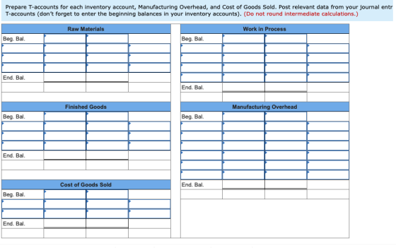 Prepare T-accounts for each inventory account, Manufacturing Overhead, and Cost of Goods Sold. Post relevant data from your j
