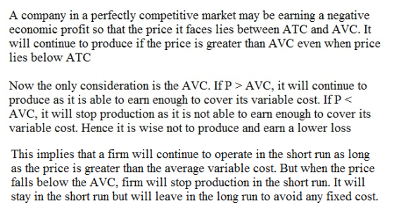 A company in a perfectly competitive market may be earning a negative economic profit so that the price it faces lies between
