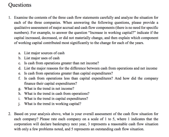 Questions 1. Examine the contents of the three cash flow statements carefully and analyze the situation for each of the three