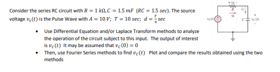 Consider the series RC circuit with R- 1 kn,C1.5 mF (RC-1.5 sec). The source voltage vs (t) is the Pulse Wave with A-10V T 10