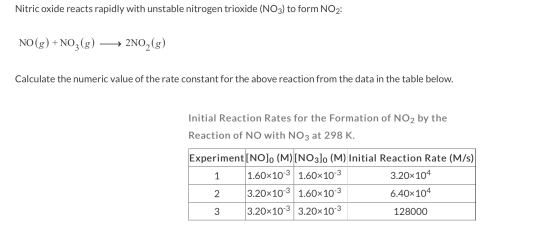 Nitric oxide reacts rapidly with unstable nitrogen trioxide (NO3) to form NO2: NO(g) +NO2(g) →→ 2NO, (g) Calculate the numeri