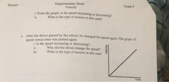 Supplementary Sheet Grade 8 Physics Velocity i. From the graph; is the speed increasing or decreasing? What is the type of motion in this case? A fer the driver passed by the school, he changed his speed again. The graph of speed versus time was plotted again i. Is the speed increasing or decreasing? Why did the driver change the speed? What is the type of motion in this case Time