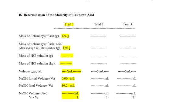 B. Determination of the Molarity of Unknown Acid Trial 1 Trial 2 Trial 3 Mass of Erlenmeyer flask (g) 124 g Mass of Erlenmeye