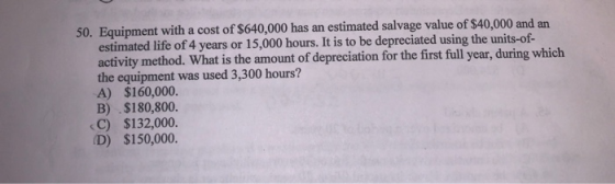 50. Equipment with a cost of $640,000 has an estimated salvage value of $40,000 and an estimated life of 4 years or 15,000 ho