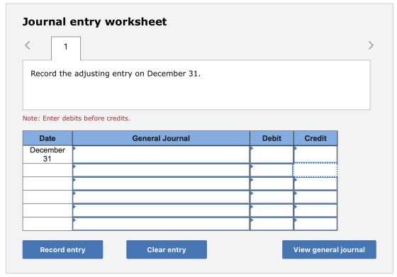 Journal entry worksheet 1 Record the adjusting entry on December 31. Note: Enter debits before credits. Date General Journal