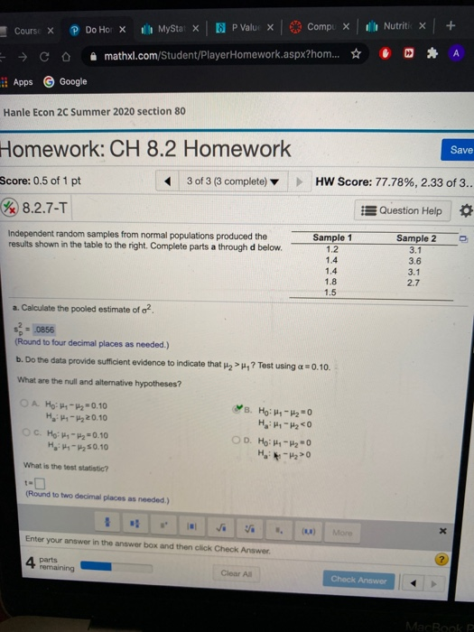 Nutritix + Course X PDo Hot X lli MyStatx E P Value X Compu X » C mathxl.com/Student/PlayerHomework.aspx?hom... ☆ I Apps Goog