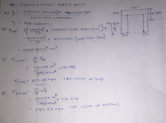 lys 183.793 M = 1300t ..olxlli ~ 1301.ll knom 1a = 2x[100x300x150Jt yo yoox 370 2x100x300 + luar yao y = 256.207 mm b) Ixx 2