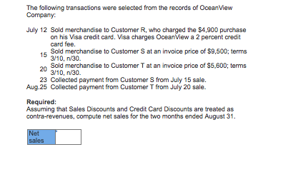anacions were selected from the records of OceanVlew Company July 12 Sold merchandise to Customer R, who charged the $4,900 purchase on his Visa credit card. Visa charges OceanView a 2 percent credit card fee. 15 3/10, n.30. Sold merchandise to CustomerT at an invoice price of $5,600; terms 3/10, n/30 23 Collected payment from Customer S from July 15 sale. Required Assuming that Sales Discounts and Credit Card Discounts are treated as contra-revenues, compute net sales for the two months ended August 31 sales