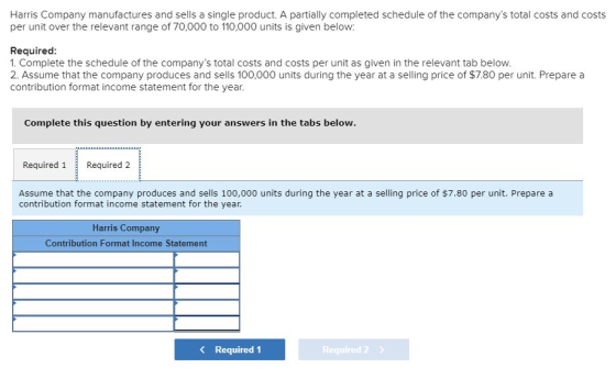 Harris Company manufactures and sells a single product. A partially completed schedule of the companys total costs and costs