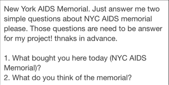 New York AIDS Memorial. Just answer me two simple questions about NYC AIDS memorial please. Those questions are need to be an