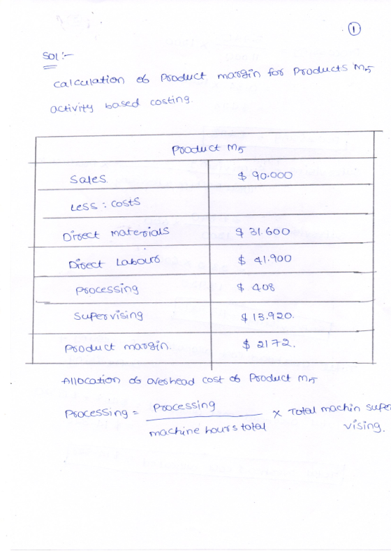Sot calculatioH Psoduct masgin fo Products ms Octivity bosed costing Poodu ct M Sales 90.000 Less: Costs Orsect matesials 31