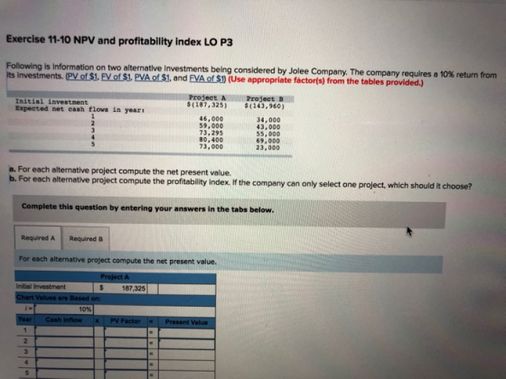 Exercise 11-10 NPV and profitability index LO P3 Following is information on two alternative investments being considered by Jolee Company. The company requires a 10% investments. (PV of S1, FV of S1. PVA of S1. and EVA of 50 (Use appropriate factorís) from the tables provided.) return from Initial investment Expected net cash flovs in year Project A NProject B (187,325) (143,960) 46,000 59,000 73,295 80,400 73,000 34,000 43,000 55,000 69,000 23,000 b. For each alternative project compute the profitablity index. Ifthe company can only select one project, which should it choose? Complete this question by entering your answers in the tabs below. Required A Required 8 For each alternative project compute the net present value. Initial Investment $ 187,325 Values are Based on 10% Cash Inflow X PV FactorPresent Value