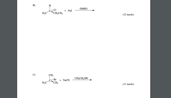 CCNL DMSO CH2CH3 (12 marks) C) CH3 C.Br CCH, CH CH OH + NaCN | Học (11 marks)