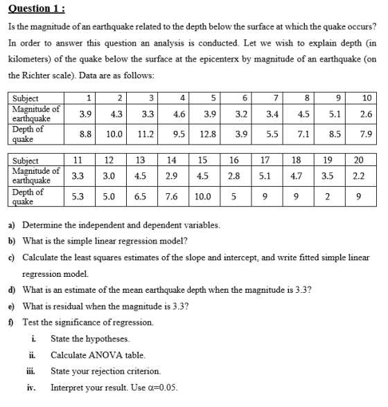 Question 1: Is the magnitude of an earthquake related to the depth below the surface at which the quake occurs? In order to a