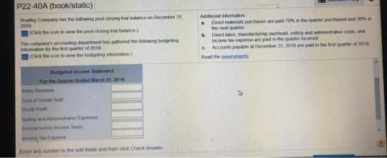 P22-40A (book/static) Bradley Company has the following post-dosing trial balance on December 31 2018 11! (Click the icon to