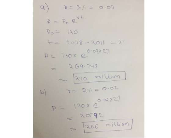 a) 7:37 = 0.03 P = Poert. Po= 120 t= 2038 - 2011 - 27. P= 120x & 0.03127 269.748 ~ 270 million ] b) r= 2.7. = 0.02 120x00:02X