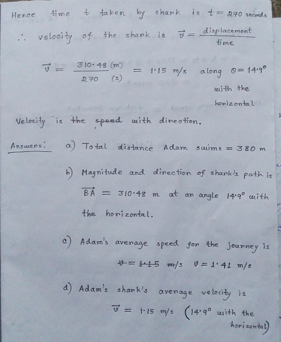 Hence time taken by shark is to 270 seconds velocity of the shark is ū = ū= displacement time ū 310.48 (m) 1015 m/s along 0=