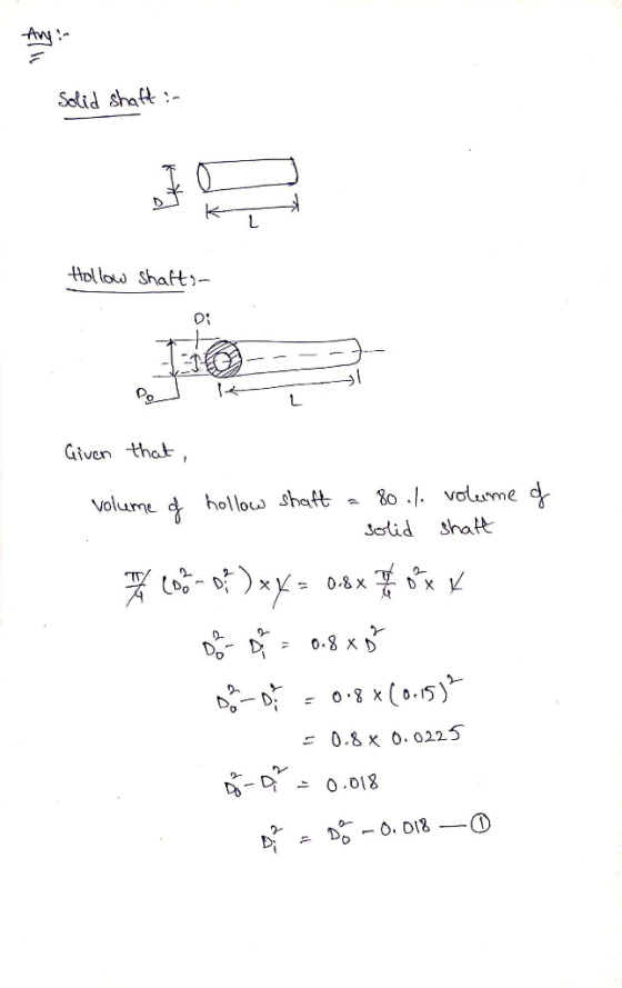 Ay Sstid shaft Hollow shat Given that volurne hollow shaft So.. volume 0- D- 0:8 x o. 0.225