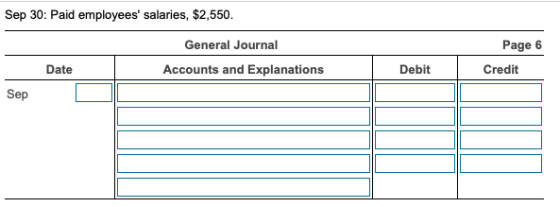 Sep 30: Paid employees salaries, $2,550. General Journal Page 6 Date Accounts and Explanations Debit Credit Sep