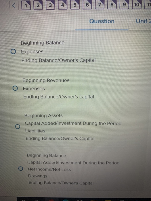 < N 3 UT 6 8 9 10 11 Question Unita Beginning Balance 0 Expenses Ending Balance/Owners Capital Beginning Revenues o Expenses