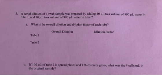 3. A serial dilution of a swab sample was prepared by adding 10 uL to a volume of 990 ML water in tube 1, and 10 uL to a volu