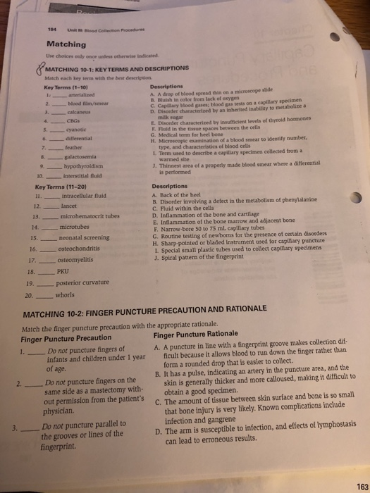 184 Unit Blood Collection Procedures Matching Use choices only once unes otherwise indicated MATCHING 10-1:KEY TERMS AND DESC