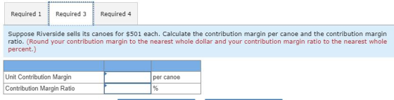 Required 1 Required 3 Required 4 Suppose Riverside sells its canoes for $501 each. Calculate the contribution margin per cano