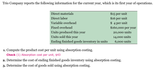 Trio Company reports the following information for the current year, which is its first year of operations. Direct materials