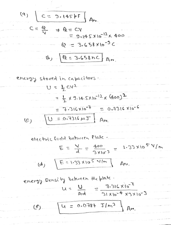Ci C= g. 145トF Ar-. 6 = 3.658×10-3C enera^ stored in capacitors cV2. 40 3 Xlo3 (d A-d
