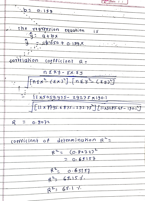 Daie / 1 b= o.isg is The regression equation ŷ i åt by ĝ:050 + 0.159x : forrélution coefficient R? nExy - Ex.ey [next&x3°) En