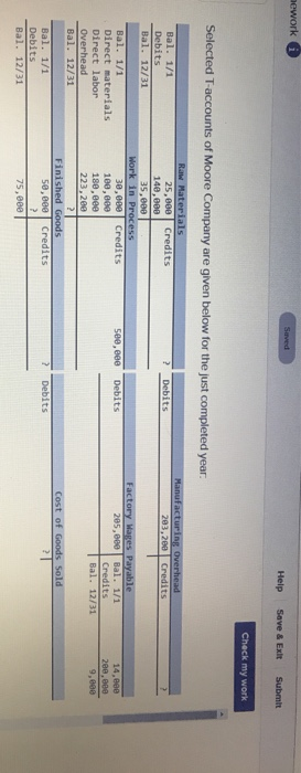 ework Selected T-accounts of Moore Company are given below for the just completed year Bal. 1/1 Debits 25,000 Credits 140,000 283,280 Credits 35 Bal. 1/1 Direct materials Direct labor Overhead Bal. 12/31 30,009Credits 100,0e0 180,ee0 223,200 4,800 00,8e0 9,008 5ee,ee0 Debits 285,800 Bal. 1/1 Credits Bal. 12/31 Bal. 1/1 Debits 50,000 Credits 75,800