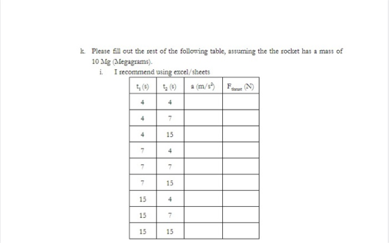 k. Please fill out the rest of the following table, assuming the the rocket has a mass of 10 Mg Megagrams). i. I recommend us