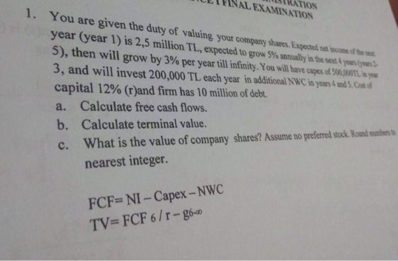 LLIFINAL EXAMINATION MISTRATION 1. You are given the duty of valuing your company shares. Expected net income of the rest yea