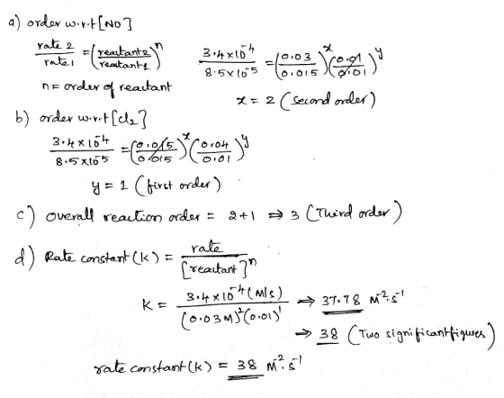 a) order wirit[no] rate 2 = realtanta in 3.48104 ratel 10:03 reactante ) 8.5x105 oriol ne order of reactant b) order wirrt [d
